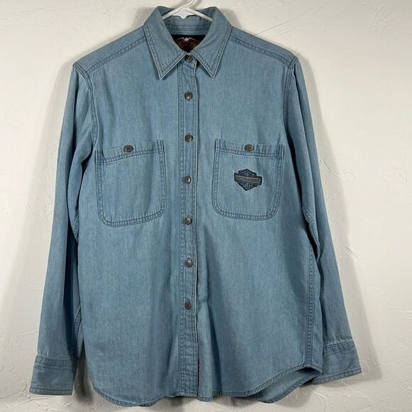 🔥Vintage HARLEY-DAVIDSON Blue Denim LS Embroidered Button Down Shirt Women Sz M - Picture 1 of 8